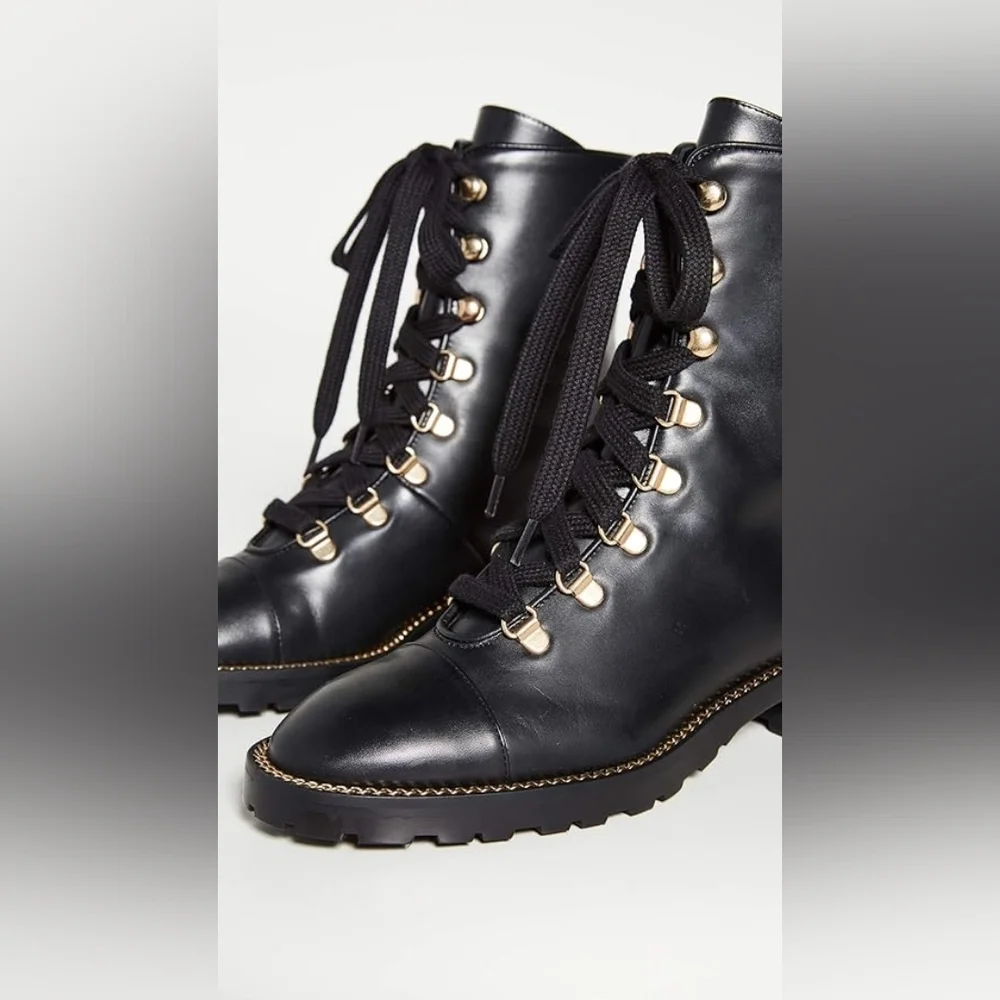 Stuart Weitzman Black Combat Boots with Gold Accents - Picture 4 of 4